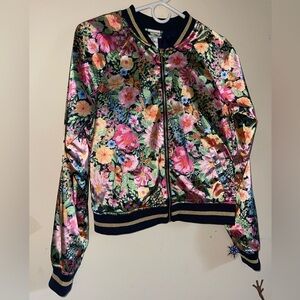 Girl's Angela McRay H&M Satin-like Floral Bomber Jacket Black Gold Trim Sz 16